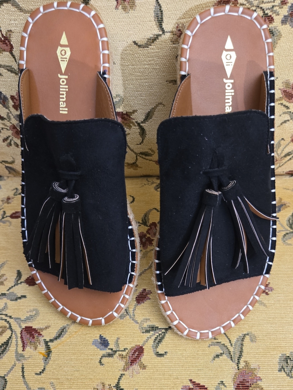 Oli. Black Suede Tassel Slide Mules with Brown Footbed